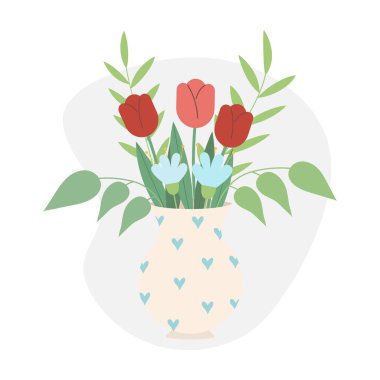 Mavi bir vazoda bir buket çiçek. Çizgi film tarzında düz vektör illüstrasyonu.