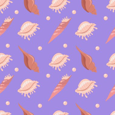 Denizcilik tarzında şirin bir vektör modeli. Çizgi film deniz kabuklarıyla arka plan.