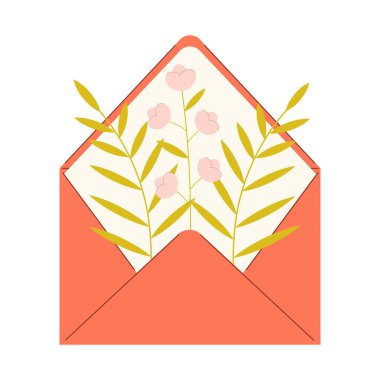 İçinde bitkiler olan sevimli bir zarf çizimi. Çizgi film tarzında çiçek düzenleme