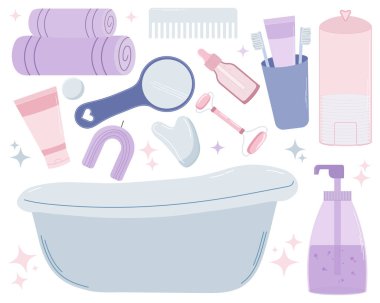 Tuvalet süslemeleri için vektör ayarlandı. Beyaz arkaplanda izole edilmiş çizgi film tarzında tuvalet ögelerinin düz çizimleri