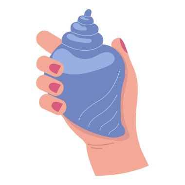 Çizgi film tarzında deniz kabuğunu tutan bir elin düz vektör çizimi.