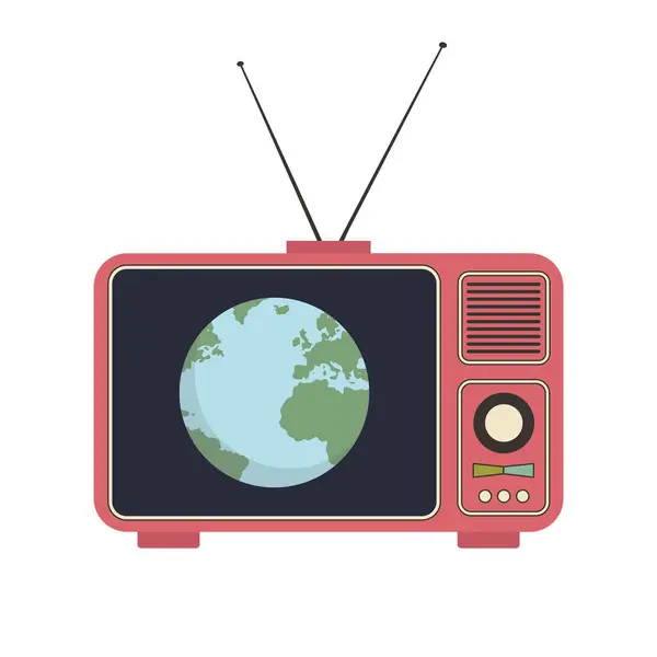 Televizyondaki Dünya gezegeni. Çizgi film tarzında gezegenli retro televizyonun şirin vektör çizimi