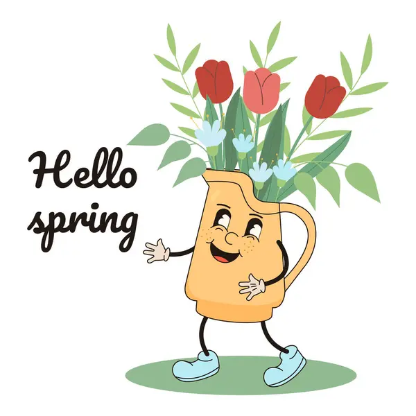 Merhaba bahar alıntıları. Çiçekli sevimli çizgi film karakteri. Tebrikler, kartlar, etiketler, etiketler için düz vektör illüstrasyonu.