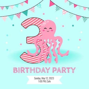 Sevimli ahtapotlu doğum günü davetiyesi