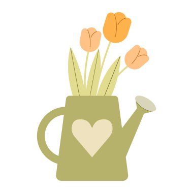 Çizgi film tarzında bir su bidonundaki şirin bir lale buketinin vektör çizimi