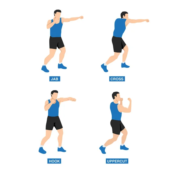 stock vector Man doing boxing moves exercise. Jab Cross Hook and Uppercut movement. Shadow boxing. Flat vector illustration isolated on white background