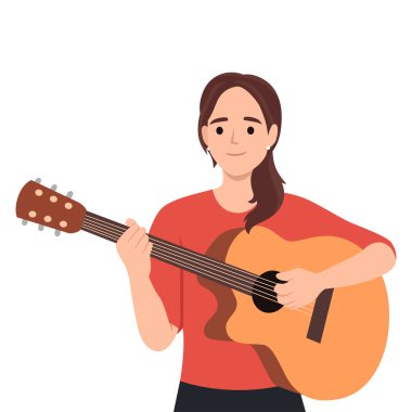 Müzik ve yaratıcılık. Tişörtlü kadın akustik gitarla çalıyor. Düz vektör çizimi beyaz arkaplanda izole edildi