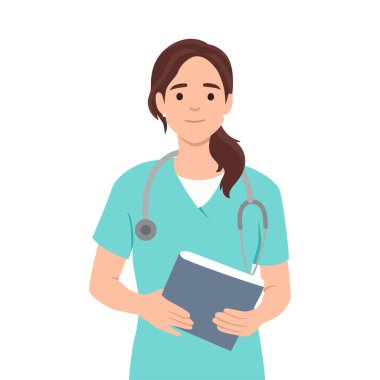 Not defteri ve kalem tutan üniformalı genç hemşire, ayakta durup gülümseyen stajyer kadın. Düz vektör çizimi beyaz arkaplanda izole edildi