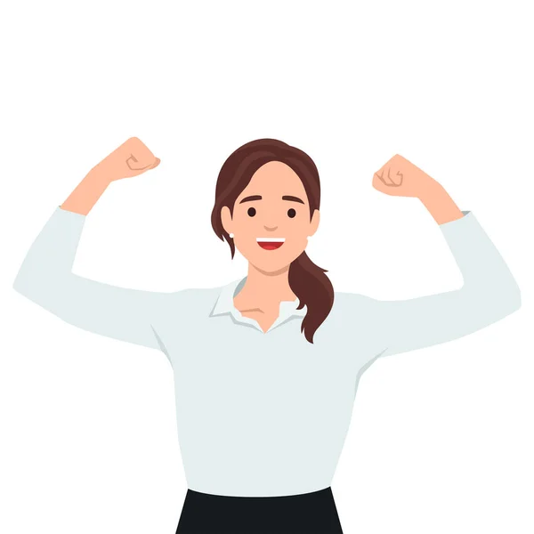 stock vector Strong smiling business woman stand raising hands, pumping fists, celebrating achievement success. Successful businesswoman gesturing, showing power and leadership. Flat vector illustration isolated on white background