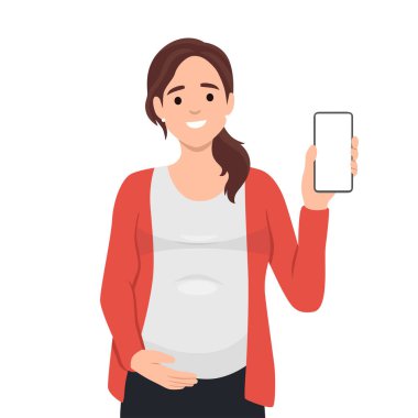 Hamile Kadın Akıllı Telefon Vektör İllüzyonu. Anne taşınabilir hamilelik uygulaması kullanıyor. Düz vektör çizimi beyaz arkaplanda izole edildi