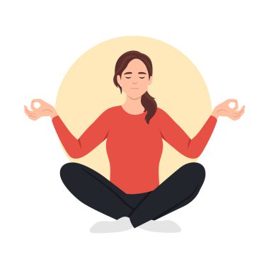 Kadın farkındalık meditasyonu yapıyor, lotus pozisyonunda oturuyor ve sağlık ve sağIık kavramlarıyla çevrili. Düz vektör çizimi beyaz arkaplanda izole edildi