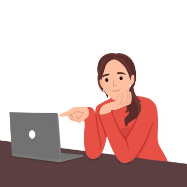 Kadın gülümseyerek ve çenesini tutarak dizüstü bilgisayarı işaret ediyor. Düz vektör çizimi beyaz arkaplanda izole edildi