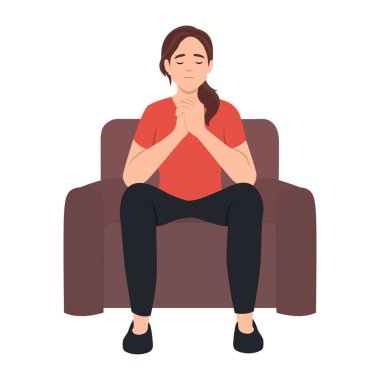 Dua ediyorum, Tanrı 'dan yardım istiyorum. Elleri bağlı ve gözleri kapalı genç bir kız, ağlıyor, af diliyor, tövbe ediyor, pişmanlık duyuyor, dindar bir kadın günah çıkarıyor. Düz vektör çizimi beyaz arkaplanda izole edildi