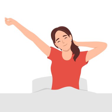 Uyandıktan sonra yatakta uzanan bir kadın, iyi bir uykudan sonra bir güne mutlu ve rahat giriyor. Tatlı rüyalar, günaydın. Düz vektör çizimi beyaz arkaplanda izole edildi