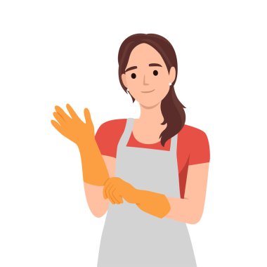 Koruyucu iş kıyafetleri ve aksesuar konsepti. Genç kadın doktor ya da kozmetikçi beyaz lateks koruyucu tıbbi eldiven takıyor. Düz vektör çizimi beyaz arkaplanda izole edildi