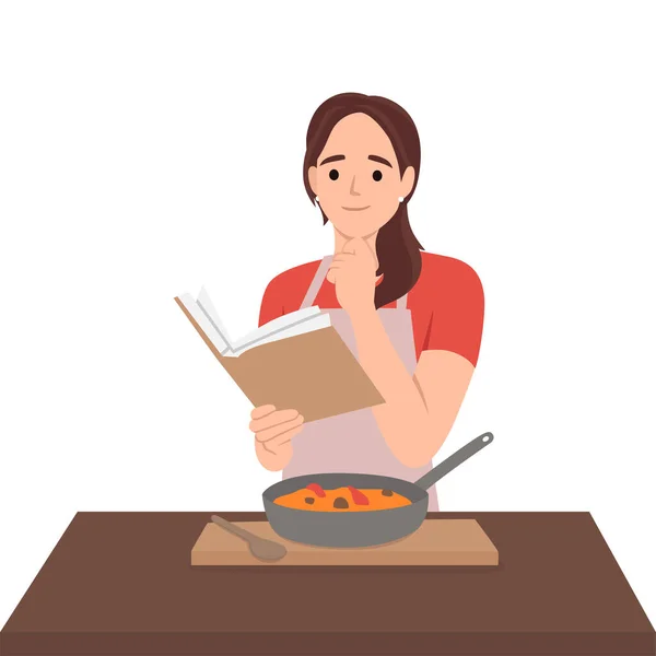 女性烹调阅读食谱和烹调汤 白色背景上孤立的平面矢量图解 — 图库矢量图片
