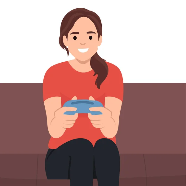 Een Vrouw Die Videospelletjes Speelt Spel Pad Vlakke Vector Illustratie — Stockvector