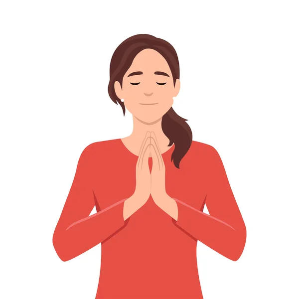 stock vector Woman praying.Beautiful woman meditates. Zen and relaxation. Flat vector illustration isolated on white background