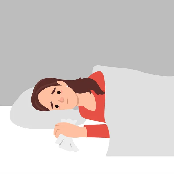 得流感的女人躺在床上 毛毯下躺着睡着了的红猫 少女患有秋季或冬季季节性感冒呼吸道感染疾病 白色背景上孤立的平面矢量图解 — 图库矢量图片