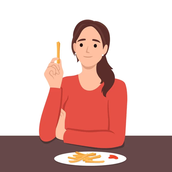 Woman Eats French Fries Thinking Health Risks Fast Food Fried — Stock Vector