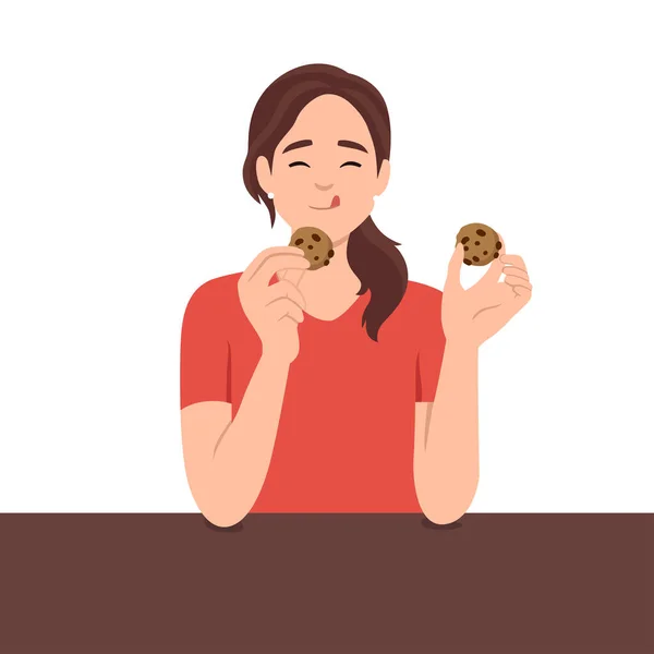 Jeune Femme Prenant Petit Déjeuner Manger Des Biscuits Activité Des — Image vectorielle