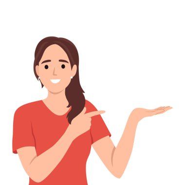 Gülümseyen genç bir kadın ya iyi bir anlaşma yapar ya da teklif eder. Mutlu kız gösterisi parmakları havada iyi satış ya da indirim öneriyor. Uzayı kopyala Düz vektör çizimi beyaz arkaplanda izole edildi
