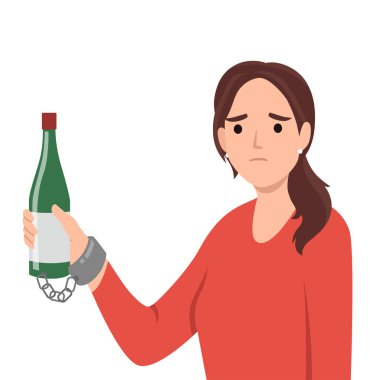 Kadınlarla kelepçeler, şarap şişesi ya da alkol bağımlısı. Düz vektör çizimi beyaz arkaplanda izole edildi