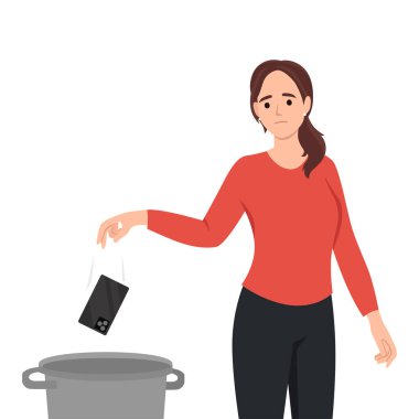 Kadın cep telefonunu çöpe atıyor. Dijital detoks, kopma, mediastika, cihazsız bölge, internet bağımlılığı, gezici fobi yok, fobi yok. Düz vektör çizimi beyaz arkaplanda izole edildi