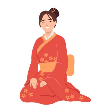 Kimono kürklü kadın yeni yılı kutlamak için yerde oturuyor. Düz vektör çizimi beyaz arkaplanda izole edildi