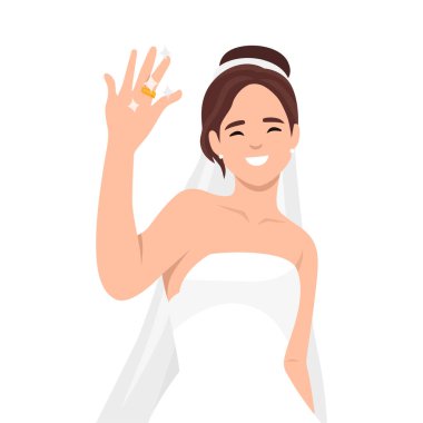 Genç bir kadın evli bir eş ya da eş çiçekli bir peçe takıyor ve alyansını parmağında gösteriyor. arkaplan, simge, vektör, çiçek, kadın, tasarım, düğün, moda, illüstrasyon, kız, çizgi film, güzellik, mutluluk, çizgi, renk, yüz,