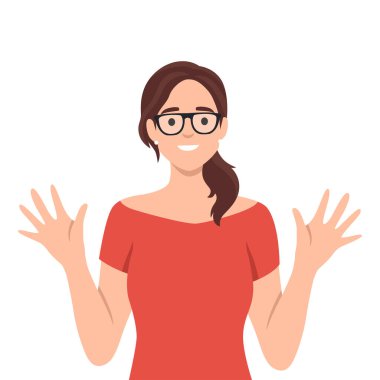 Selam, merhaba, el sallayan kadın, hoş geldin. Düz vektör çizimi beyaz arkaplanda izole edildi