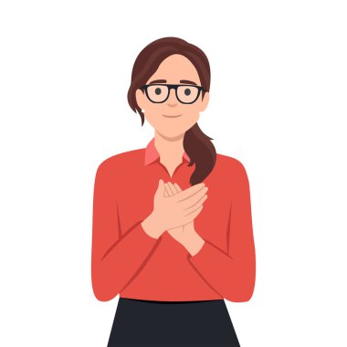 Bravo İfadesiyle Alkışlayan Kadın. Düz vektör çizimi beyaz arkaplanda izole edildi