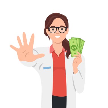 Güzel doktor ya da hemşire hayır diyor. Konsept ödemene gerek yok. Düz vektör çizimi beyaz arkaplanda izole edildi