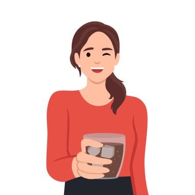 Gözlüklü güzel esmer kadın elinde bardak tutarken gülümsüyor. Kola vermek ya da ikram etmek. Düz vektör çizimi beyaz arkaplanda izole edildi