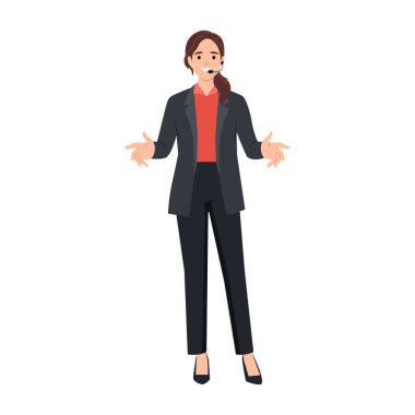 Topluluk önünde konuşan kulaklıklı bir iş koçu olan kadın, başarı ve kendine güven konusunda tavsiyelerde bulunuyor. Şirket işletme eğitimi veren ve şirket çalışanlarına koçluk yapan bir kız. Düz vektör çizimi beyaz arkaplanda izole edildi