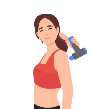 Genç bayan masaj aleti ile masaj yapıyor. Gülümseyen kız sırt ağrısını elektronik masaj cihazıyla hafifletiyor. Düz vektör çizimi beyaz arkaplanda izole edildi