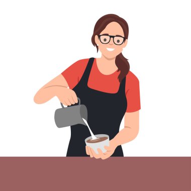 Kahve servisi yapan gülümseyen barista kadın sütlü kahve dolduruyor. Düz vektör çizimi beyaz arkaplanda izole edildi