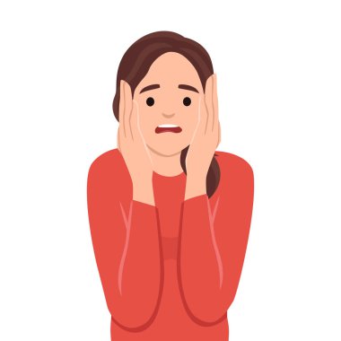 - Korkuyorum. Korkuyorum. Korkmuş ve korkmuş bir kadın kafasını tutuyor. Düz vektör çizimi beyaz arkaplanda izole edildi