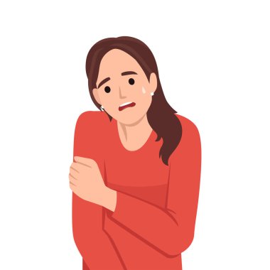 Genç bir kadın depresyonda. Zihinsel bozukluk, üzüntü ve depresyon kavramı. Kadınlara karşı fiziksel ve duygusal şiddet. Düz vektör çizimi beyaz arkaplanda izole edildi