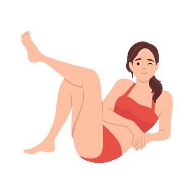 Mayolu mutlu kadın sahilde oturup yaz tatilinin tadını çıkarıyor. Deniz kıyısında mayo giymiş gülümseyen kadın tatilde rahatlar. Seyahat ve turizm. Düz vektör çizimi beyaz arkaplanda izole edildi