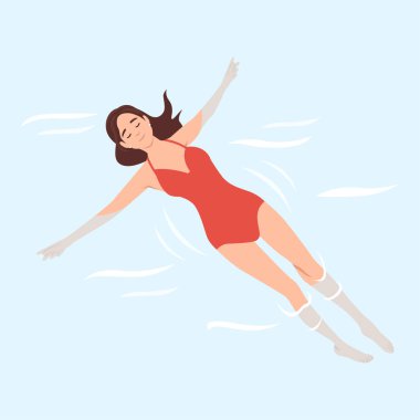 Boş zaman aktiviteleri ve rahatlama konsepti. Okyanusta dinlenen ya da bikini vektör illüstrasyonunda havuzda yüzen genç, mutlu kadın çizgi film karakteri.