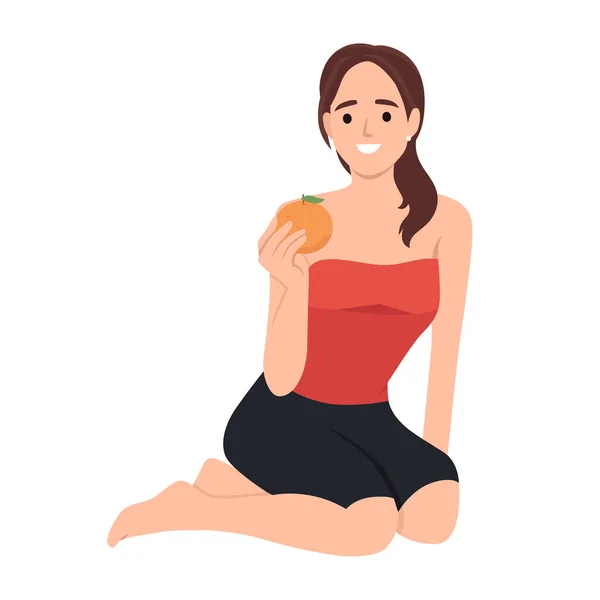 Jeune Femme Souriante Tenant Une Orange Dans Ses Mains Illustration — Image vectorielle