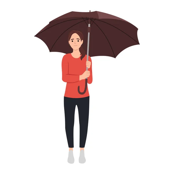 Beautiful Young Woman Umbrella Standing Looking Front Flat Vector Illustration — Stock Vector