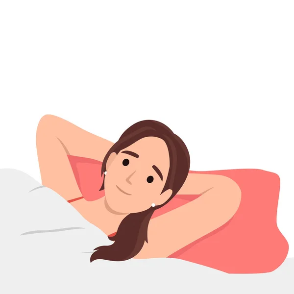 Happy Young Woman Lying Bed Sleeping Smiling Girl Relax Bedroom — Stock Vector
