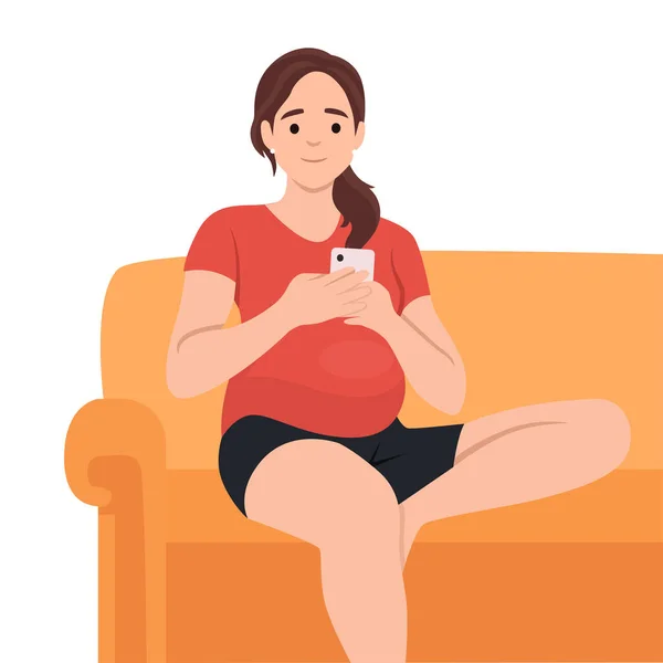 Εικονογράφηση Διάνυσμα Μιας Εγκύου Γυναίκας Χρησιμοποιώντας Ένα Smartphone Στο Δωμάτιο — Διανυσματικό Αρχείο