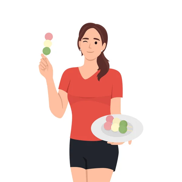 Jeune Femme Manger Japonais Chine Rue Nourriture Dango Balles — Image vectorielle