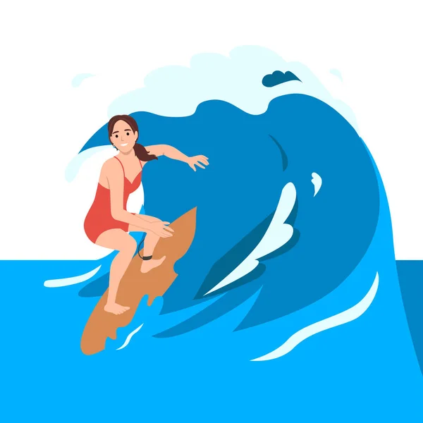 Молодая Девушка Серфинга Верхом Океанской Волне Борту Летняя Серфинг Деятельность — стоковый вектор