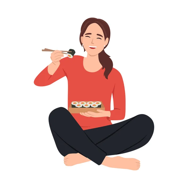 Joyeux Jeune Femme Assise Sur Sol Manger Des Sushis Avec — Image vectorielle