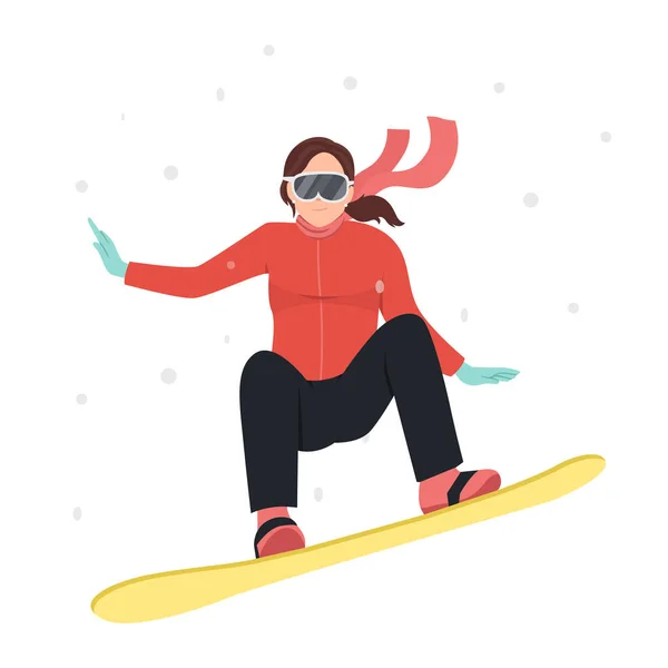 Dívka Snowboardistka Jezdí Snowboardu Skok Odrazového Můstku Zimní Aktivity Zimní — Stockový vektor