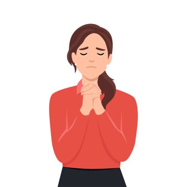 Dua ediyorum, Tanrı 'dan yardım istiyorum. Elleri bağlı ve gözleri kapalı genç bir kız, ağlıyor, af diliyor, tövbe ediyor, pişmanlık duyuyor, dindar bir kadın günah çıkarıyor. Düz vektör çizimi beyaz arkaplanda izole edildi